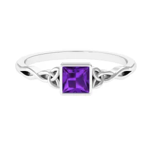 Natural Amethyst Princess Cut Solitaire Celtic Ring in Bezel Setting