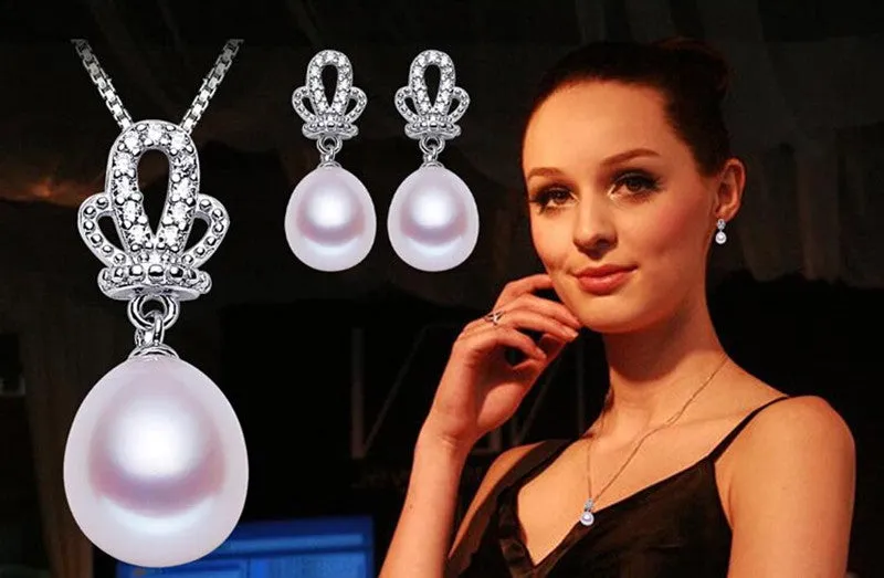 New fashion jewelry set for women elegant 925 sterling silver crown pendant necklace&earrings top quality pearl jewelry