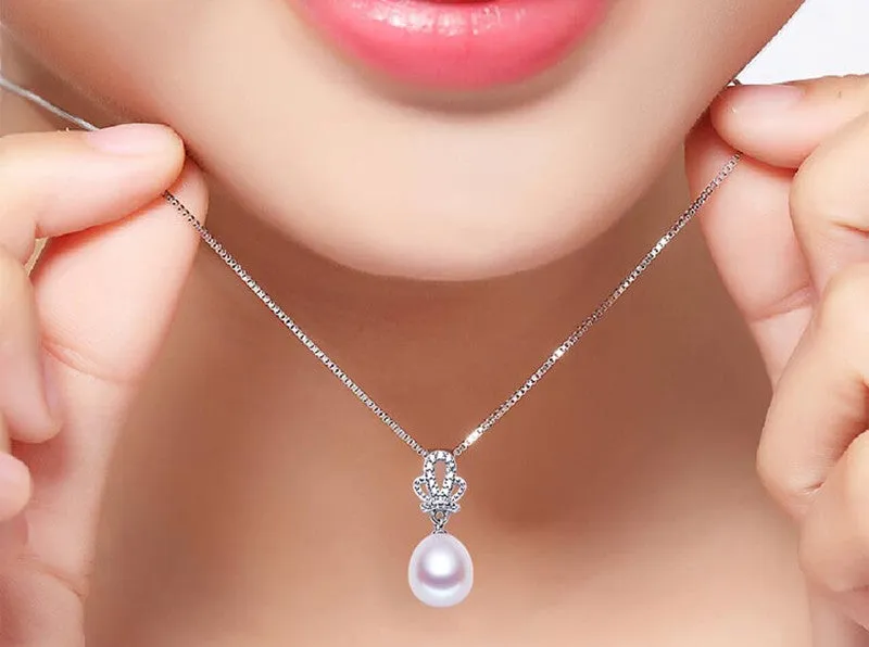 New fashion jewelry set for women elegant 925 sterling silver crown pendant necklace&earrings top quality pearl jewelry