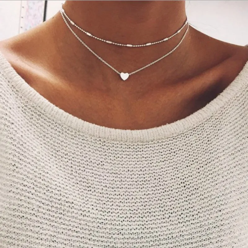 New Silver Gold Color Jewelry Love Heart Necklaces &amp; Pendants Double Chain Choker Necklace Collar Women Statement Jewelry Bijoux