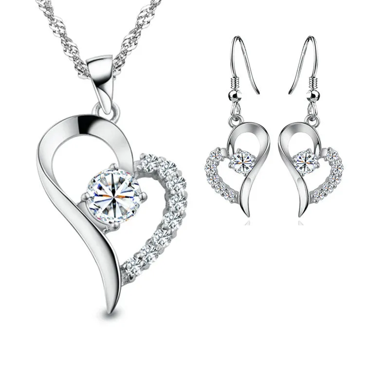 New Silver Plated Cubic Zirconial Heart Shape Fashion Costume Jewelry Sets for Women Wedding Necklace Earrings Sets