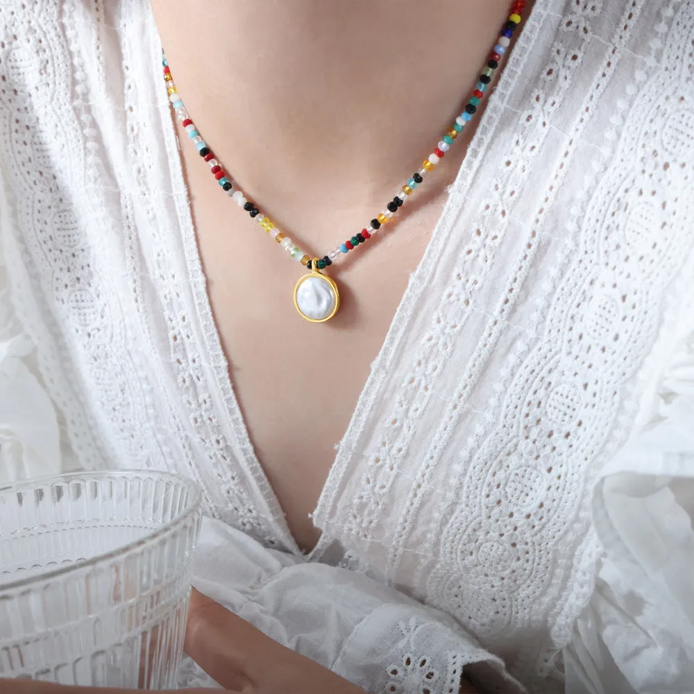 Niche Design Ethnic Style Handmade Beaded Necklace with Pearl Pendants