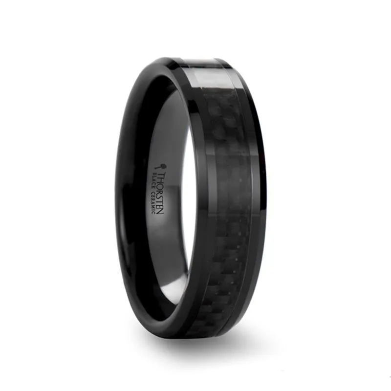 ONYX | Black Ceramic Ring, Black Carbon Fiber Inlay, Beveled