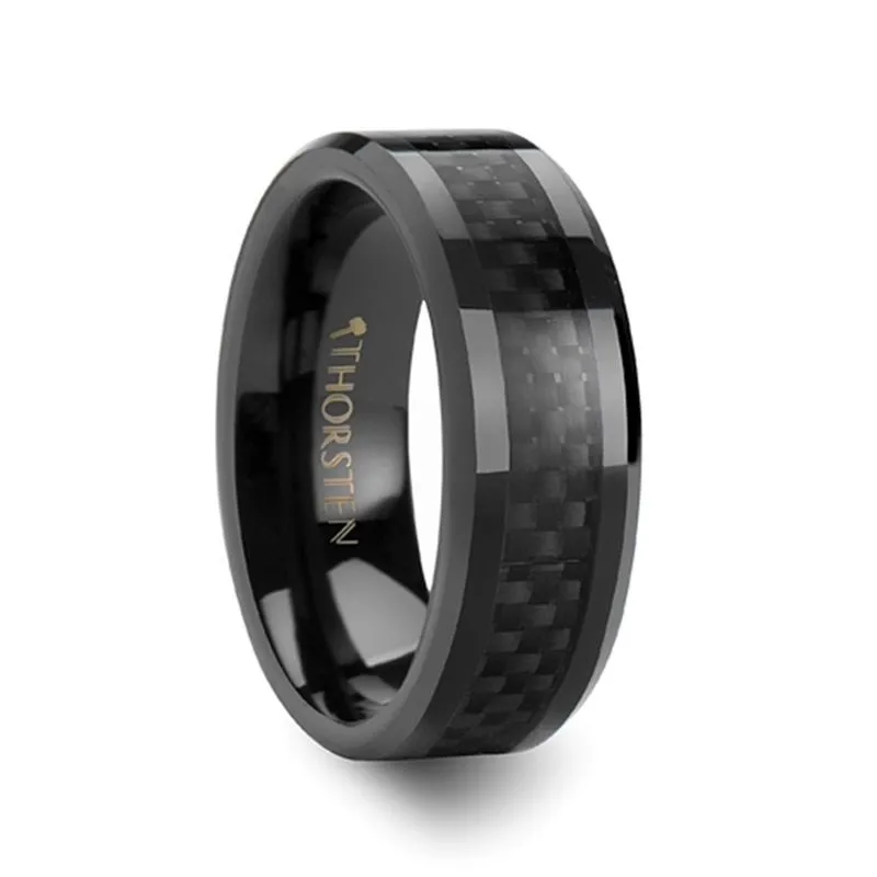 ONYX | Black Ceramic Ring, Black Carbon Fiber Inlay, Beveled