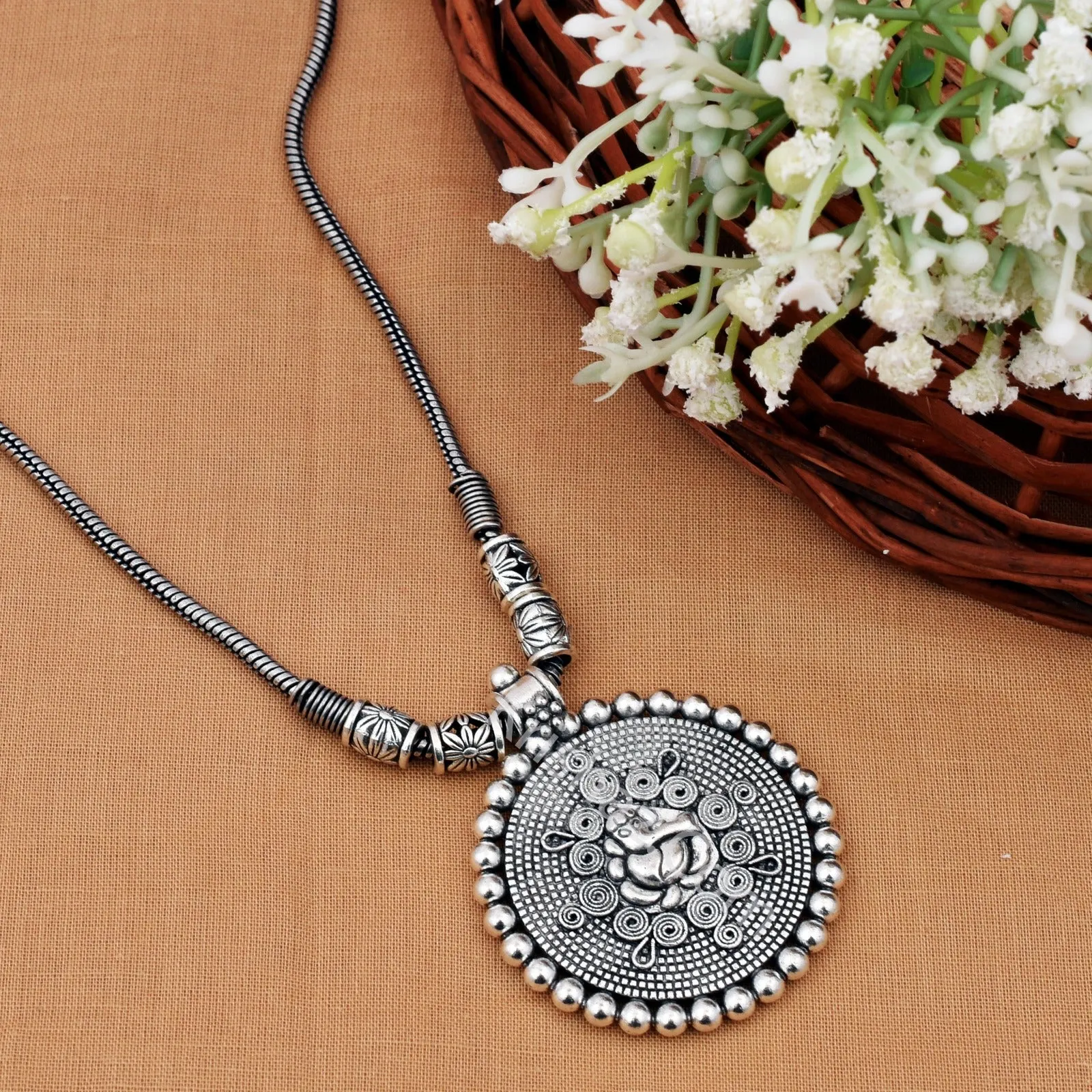 Oxidized Silver Ganesha Pendant Necklace