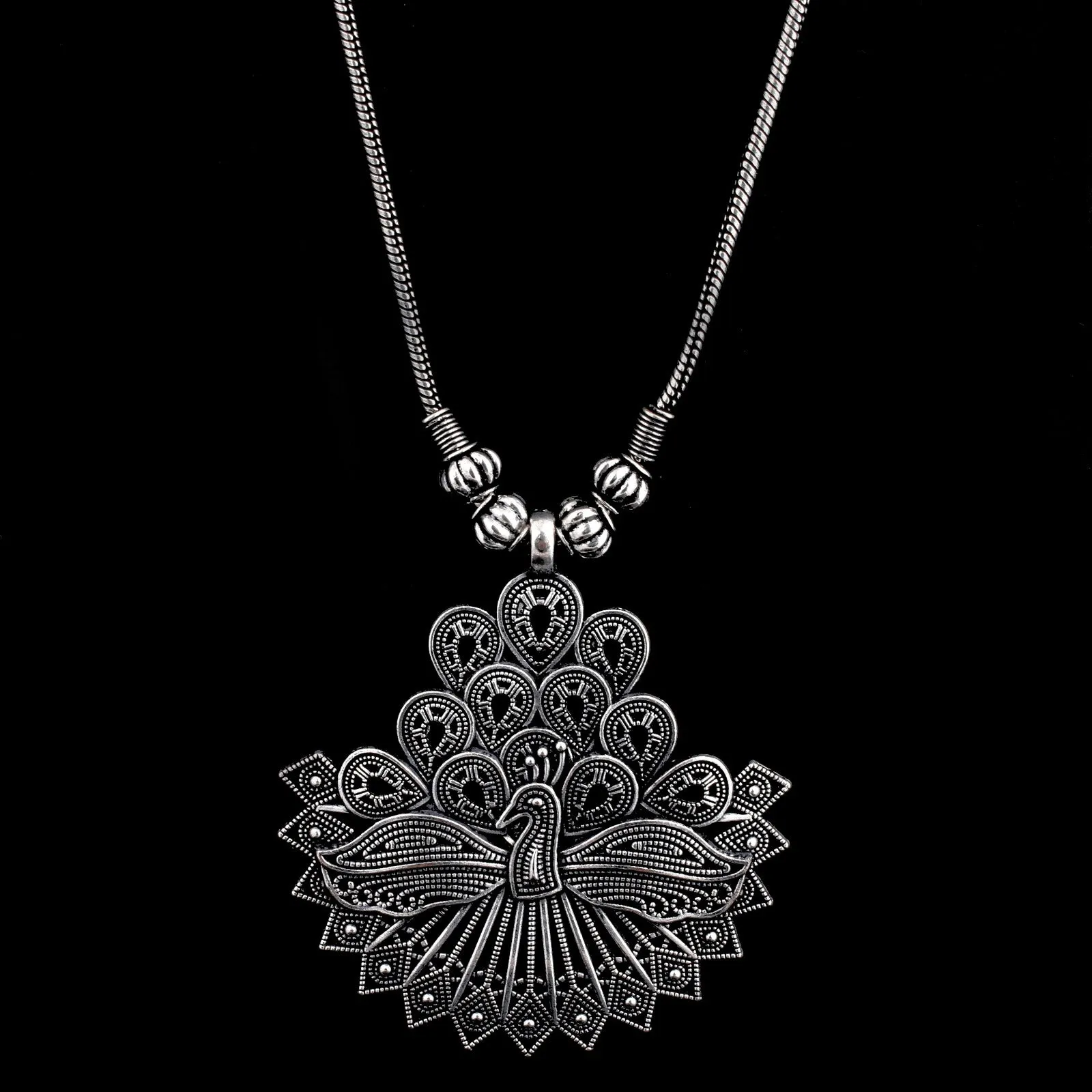 Oxidized Silver Peacock Pendant Necklace