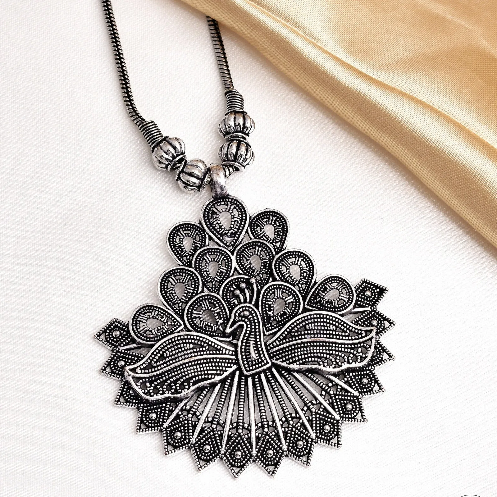 Oxidized Silver Peacock Pendant Necklace