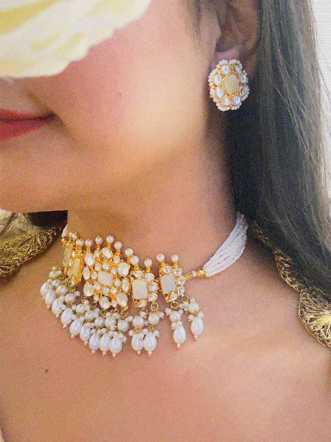 Pachi Kundan Choker Layered White Pearls