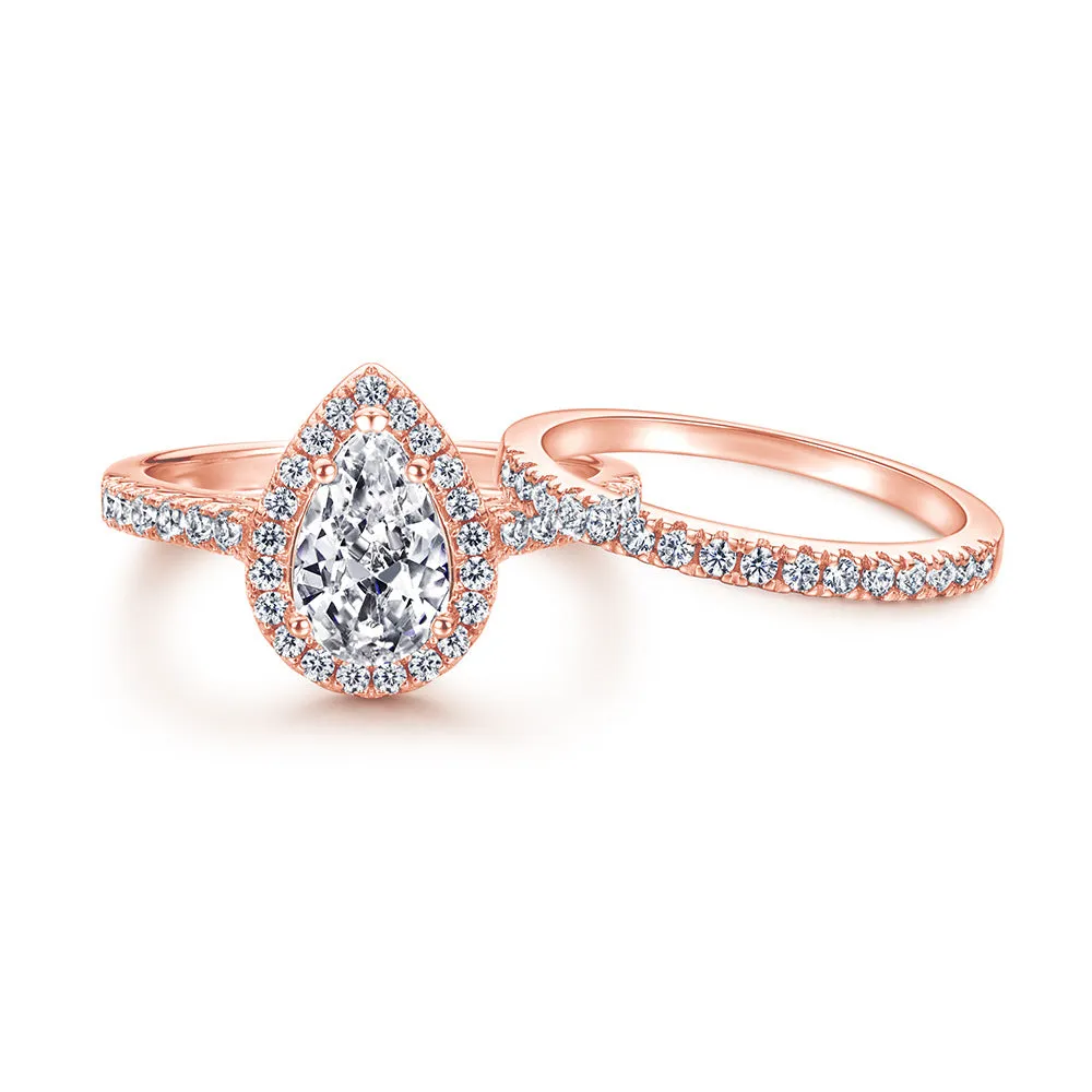 Pear Drop Zircon Soleste Halo with Half Eternity Silver Ring Set