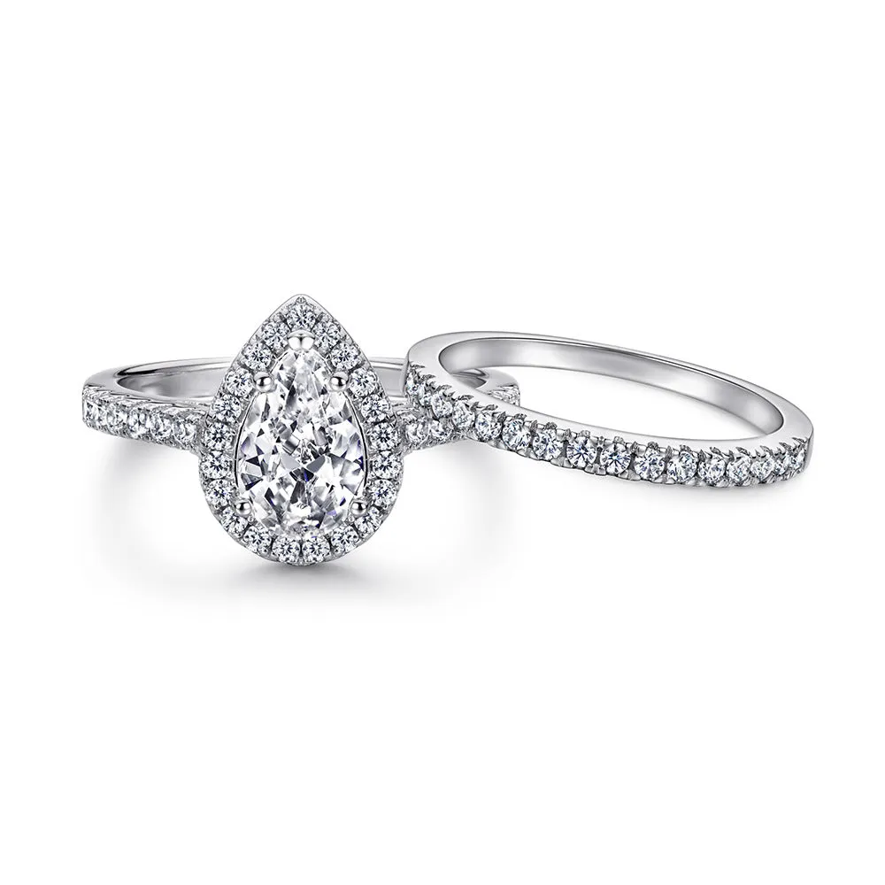 Pear Drop Zircon Soleste Halo with Half Eternity Silver Ring Set