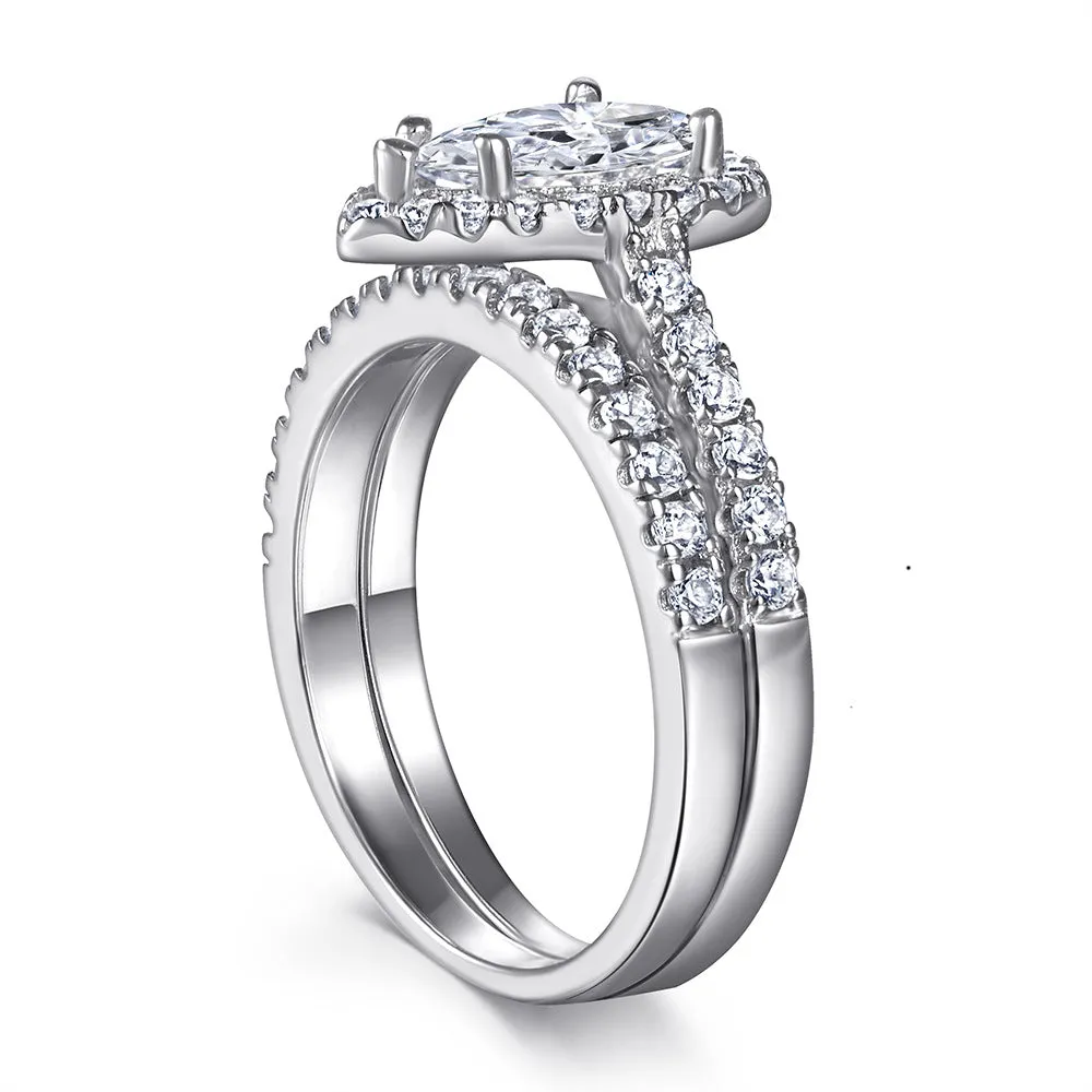 Pear Drop Zircon Soleste Halo with Half Eternity Silver Ring Set