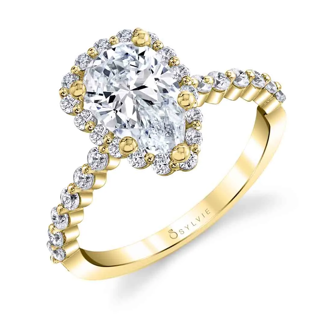 Pear Shaped Classic Halo Engagement Ring - Athena 14k Gold Yellow