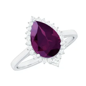 Pear Shaped Rhodolite Cocktail Halo Ring with Diamond