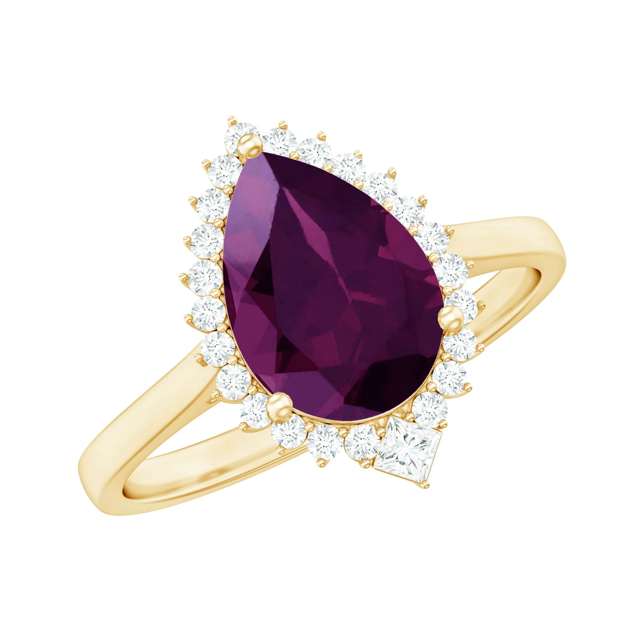 Pear Shaped Rhodolite Cocktail Halo Ring with Diamond