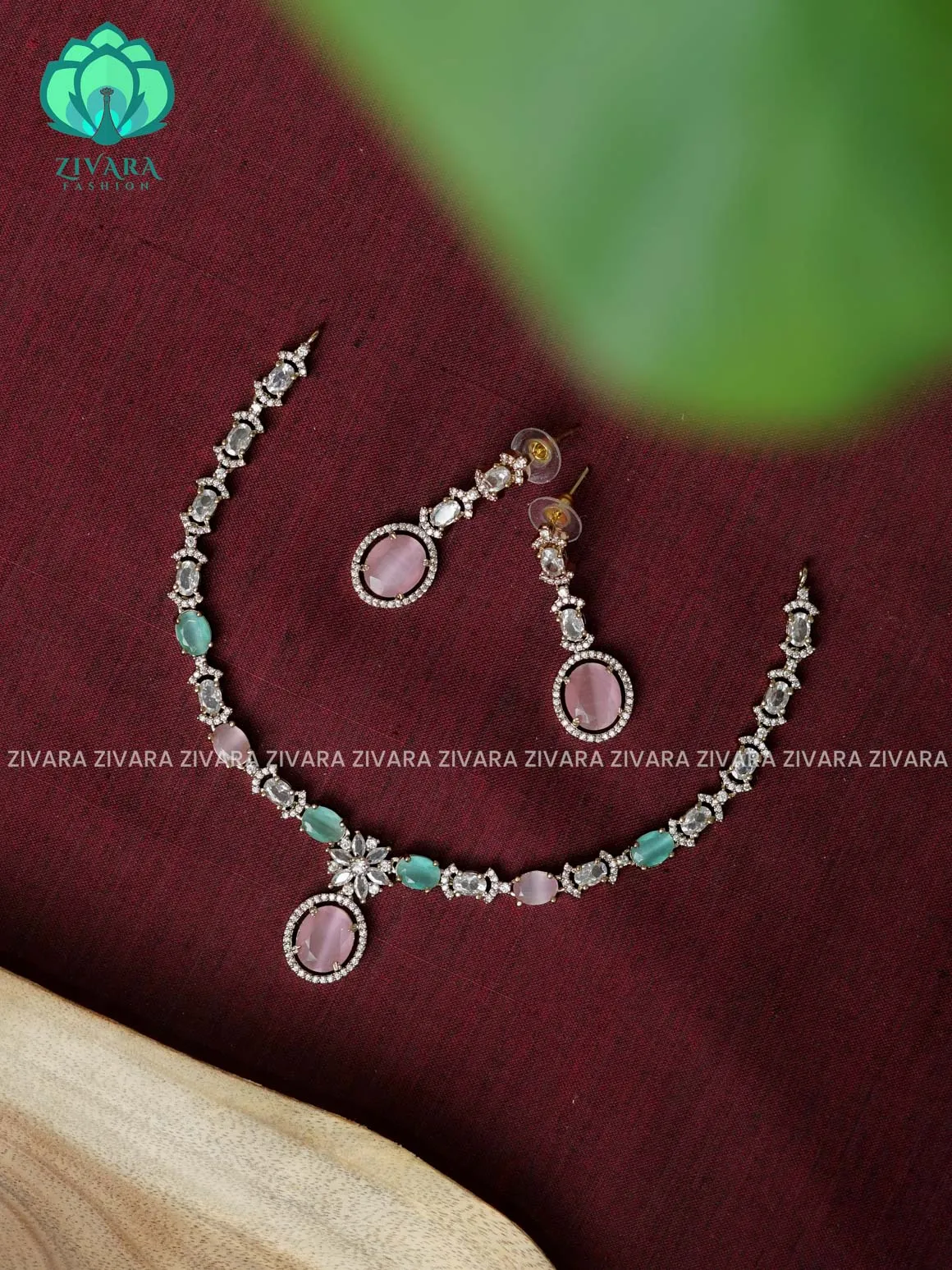 PINK PASTEL GREEN - stone OVAL pendant  stylish and minimal elegant neckwear with earrings- Zivara Fashion