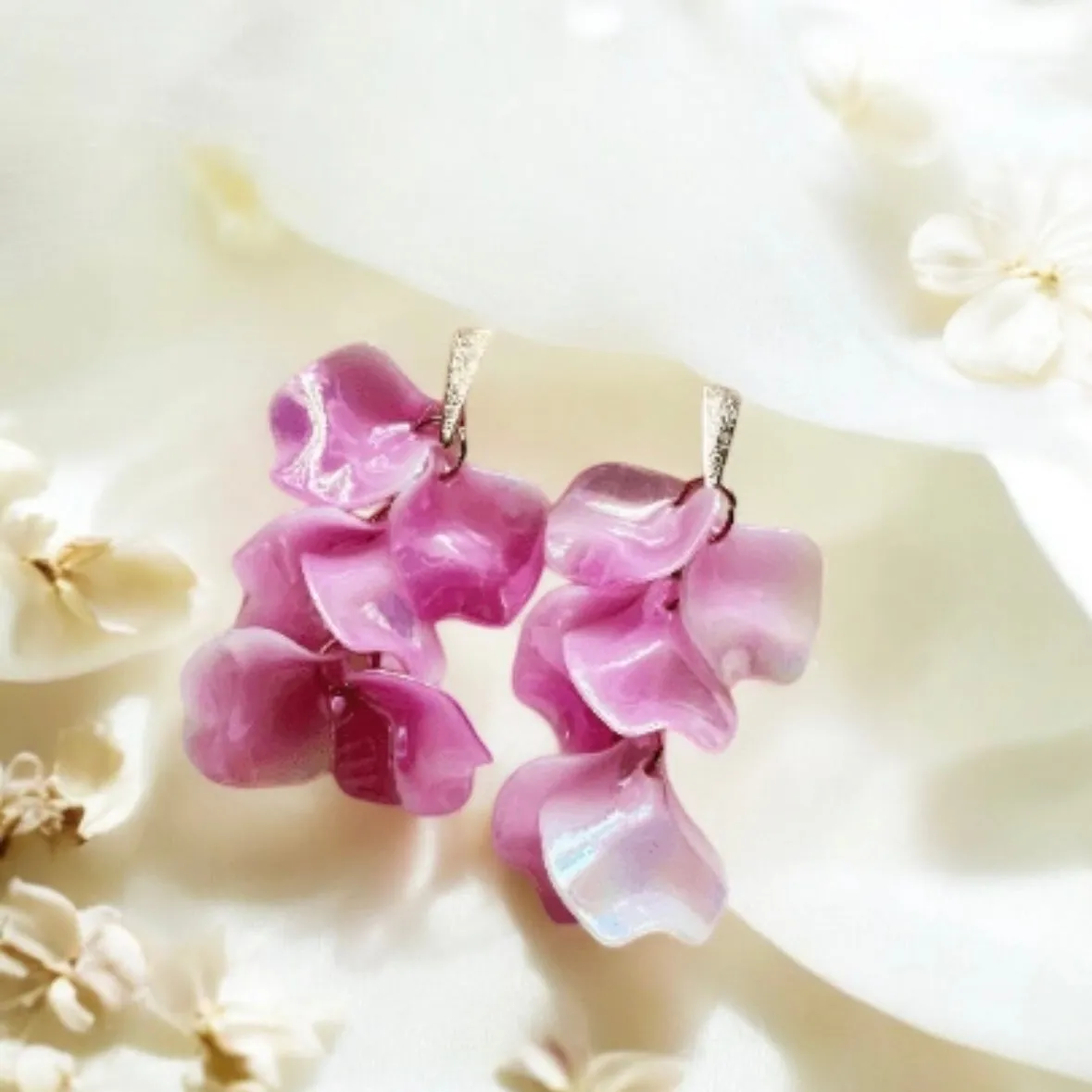 Pink - shinny flower earrings | pearlescent petals | bridal party wedding earrings | golden geometric floral earrings