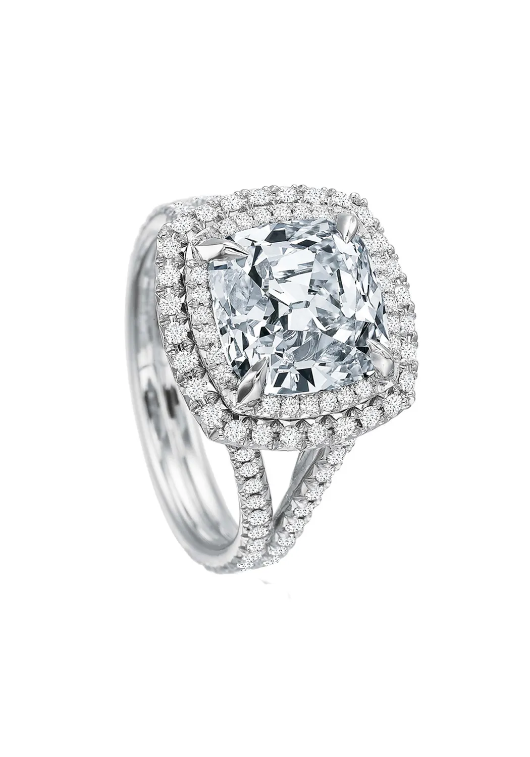 Precision Set Platinum Split Shank Double Halo Semi-Mount Diamond Ring