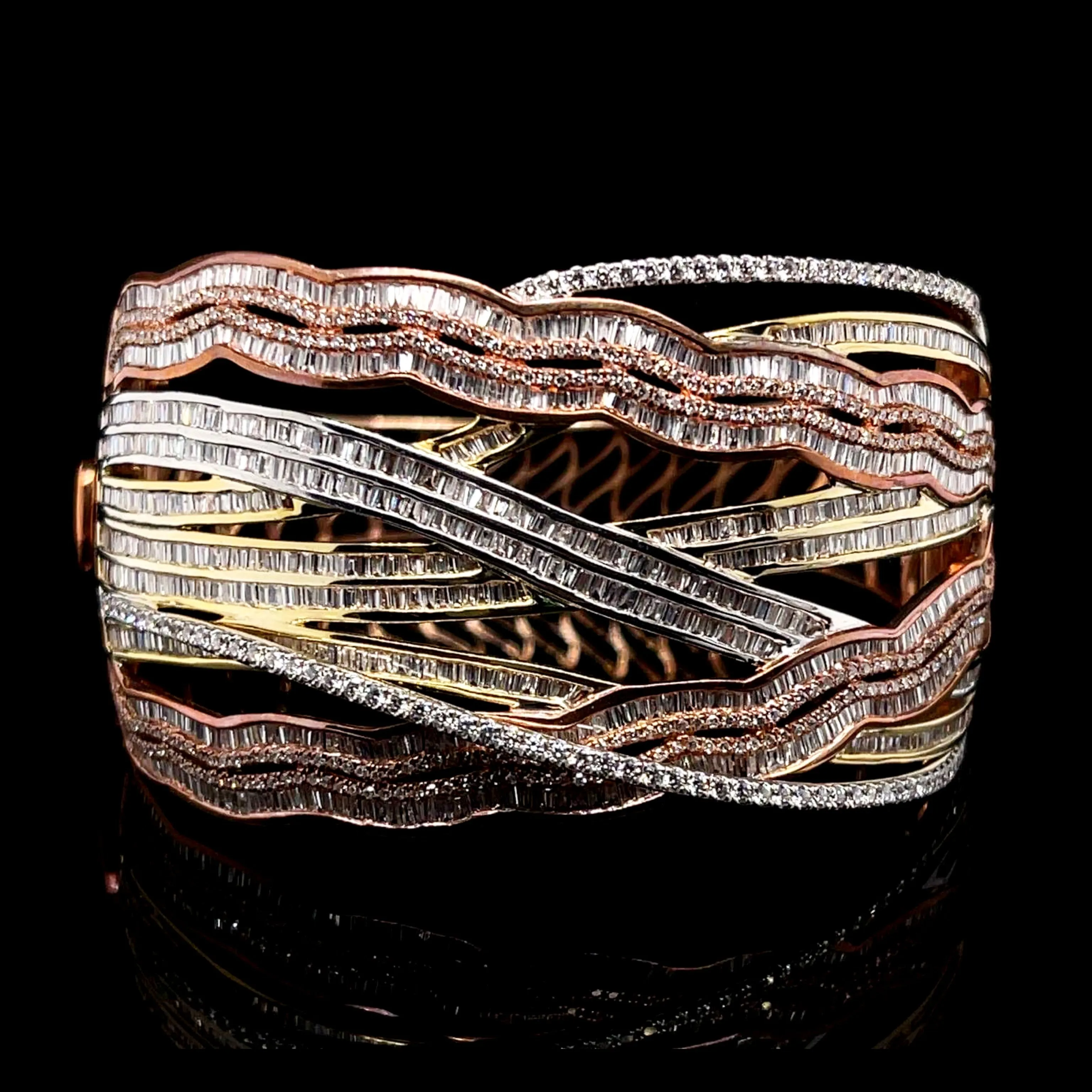 PREORDER | Multi-Tone Crossover Baguette Paved Diamond Bangle 14kt