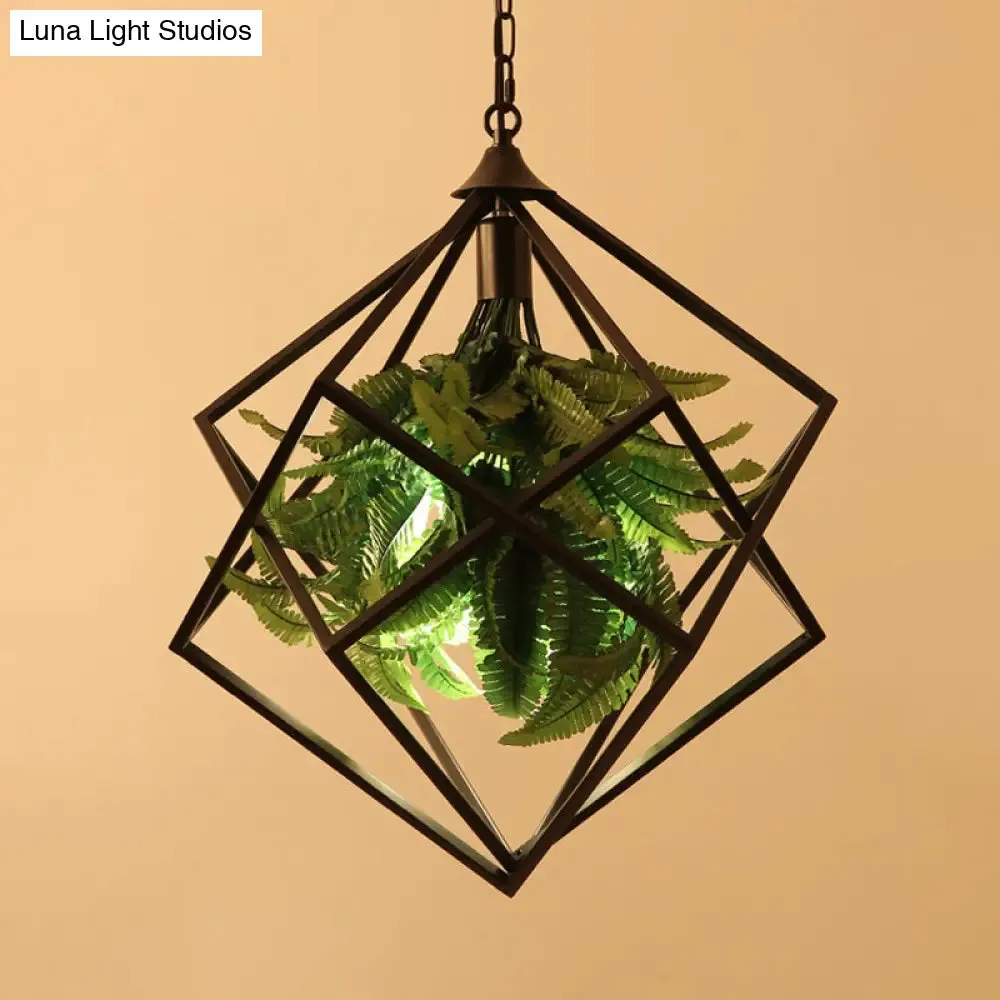 Retro Geometric Ceiling Light with Plant, LED Bulb, and Black Finish - 18"/21.5" Wide