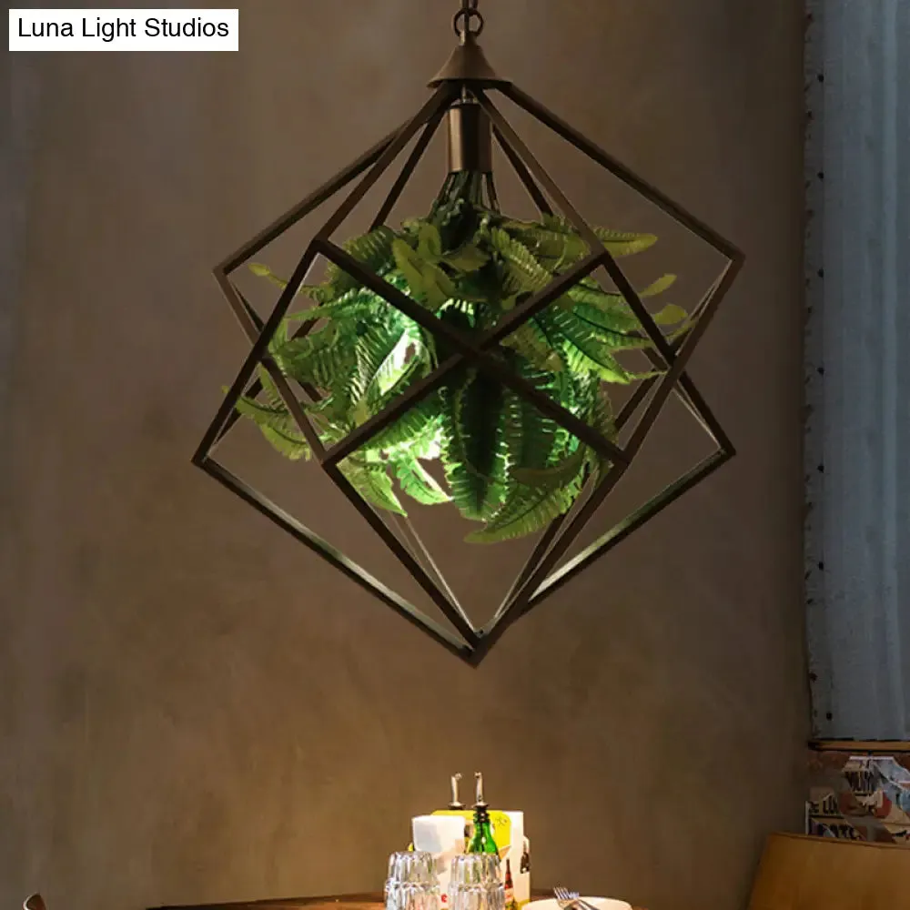 Retro Geometric Ceiling Light with Plant, LED Bulb, and Black Finish - 18"/21.5" Wide