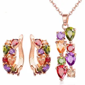 Rose Gold Plated Jewelry Sets with Earring/Necklace Multicolor AAA Zircon Stone Women Engagement Wedding Jewelry Set