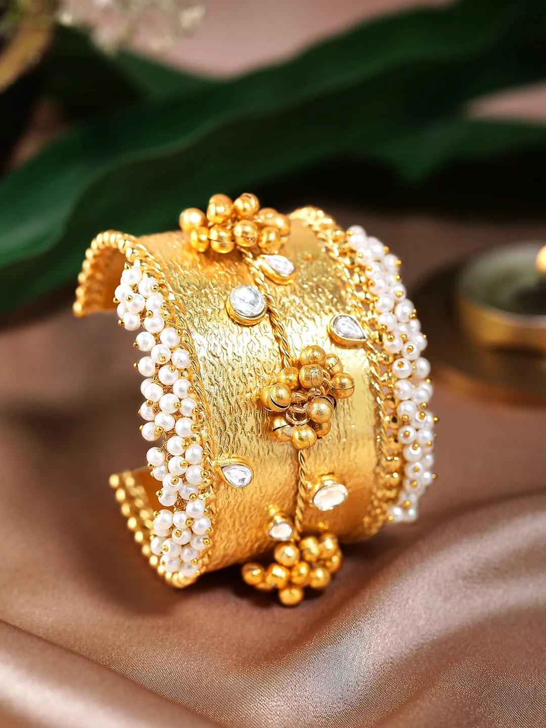 Rubans 24K Gold Plated Handcrafted Handcuff With Kundan, Pearls & Golden Beads