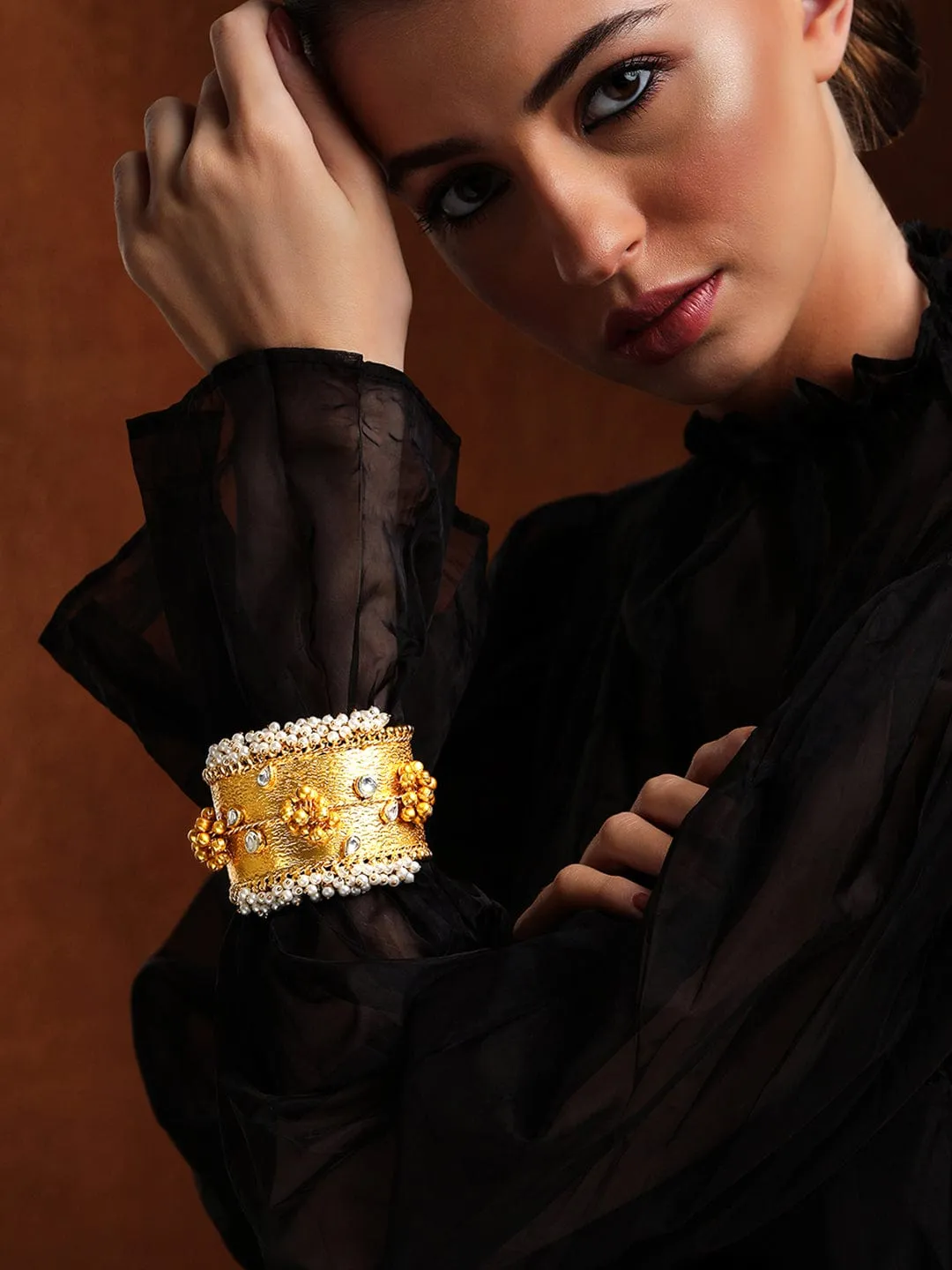 Rubans 24K Gold Plated Handcrafted Handcuff With Kundan, Pearls & Golden Beads