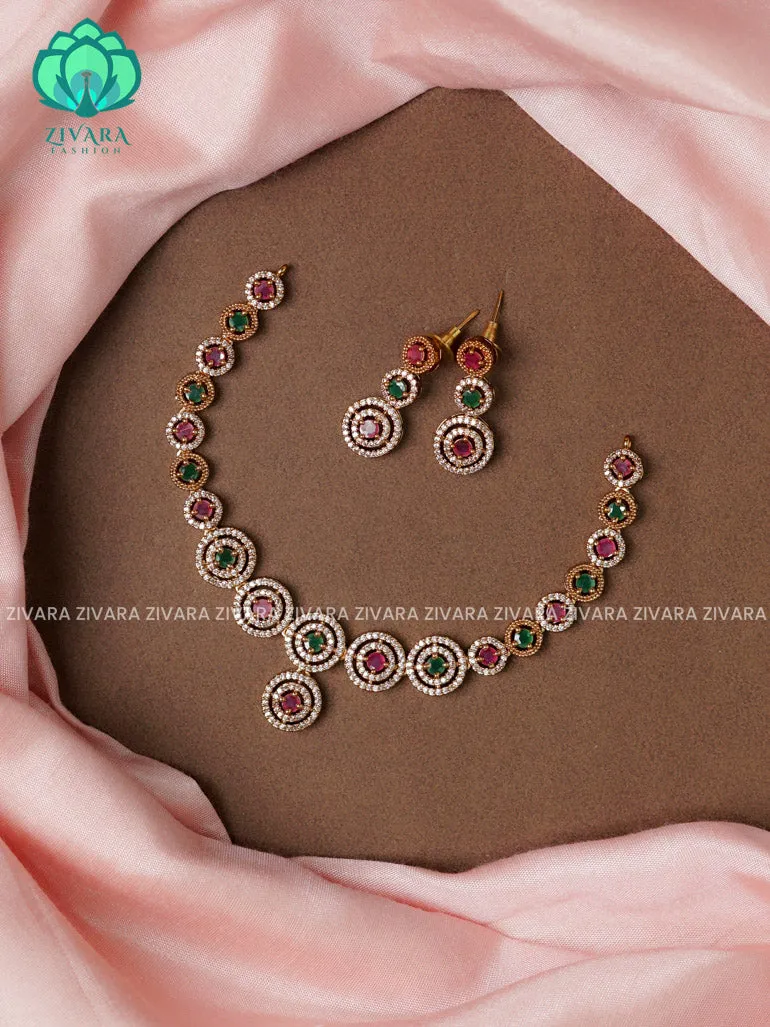 RUBY AND GREEN CIRCLE - stylish and minimal elegant neckwear with earrings- Zivara Fashion