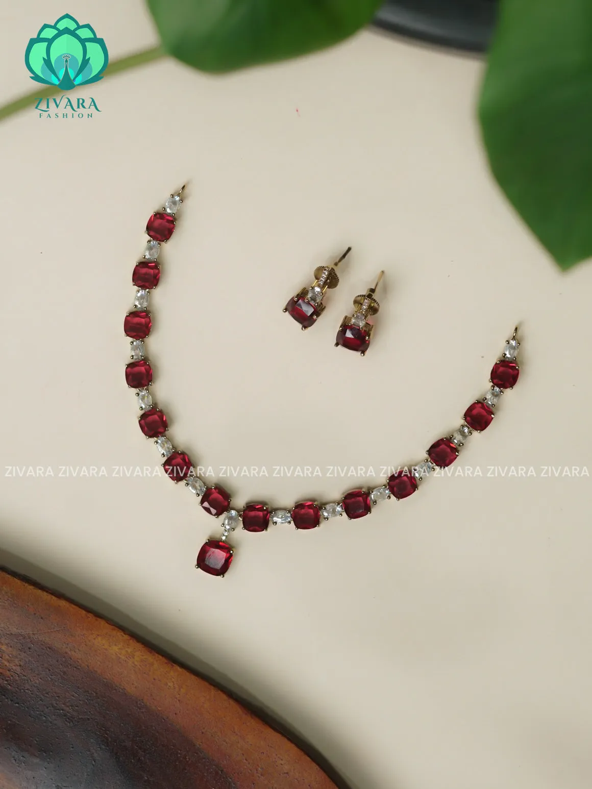 RUBY -   STONE- SUBTLE GOLD FINISH stylish and minimal elegant neckwear with earrings- Zivara Fashion