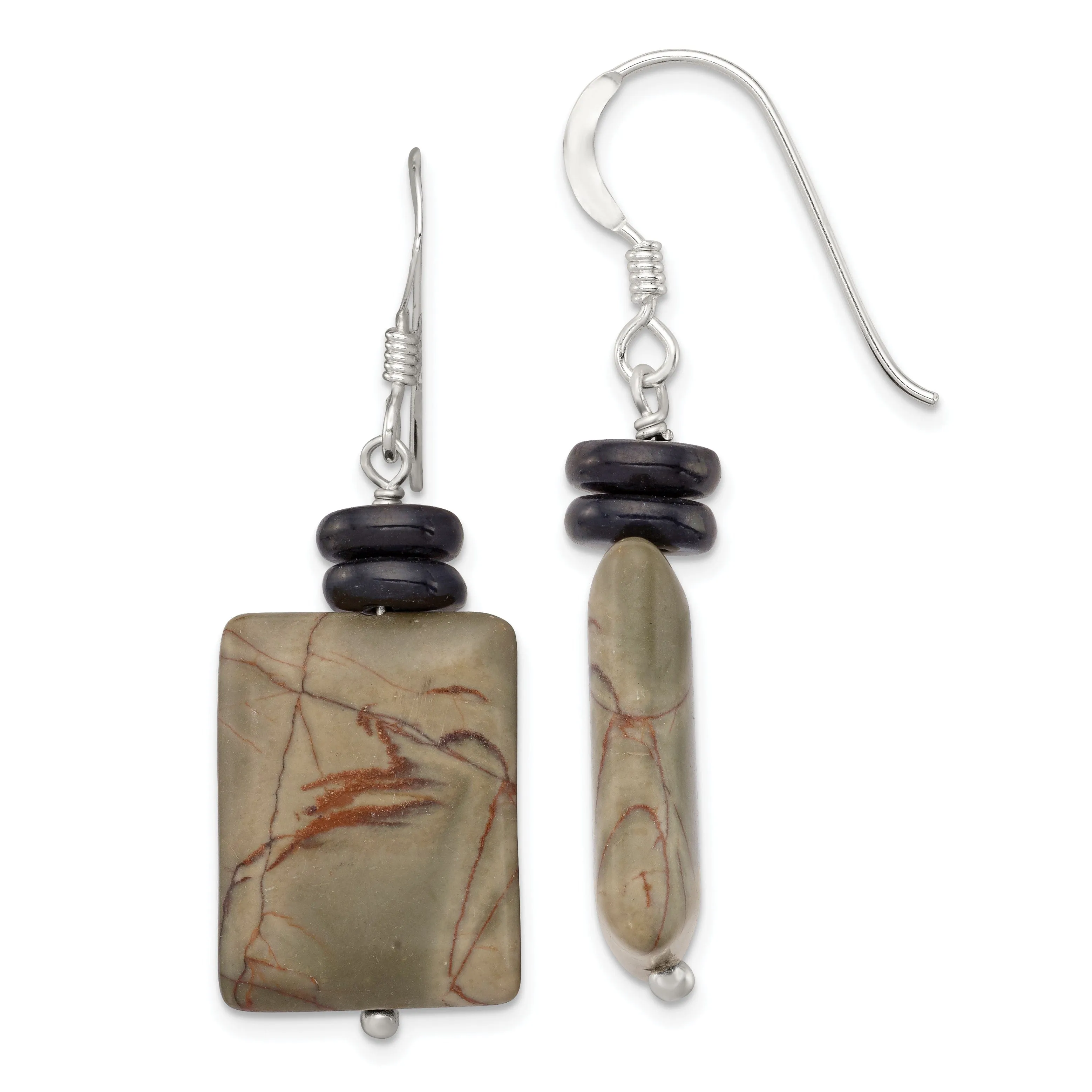 Silver Black Pearl Picasso Jasper Drop Earrings