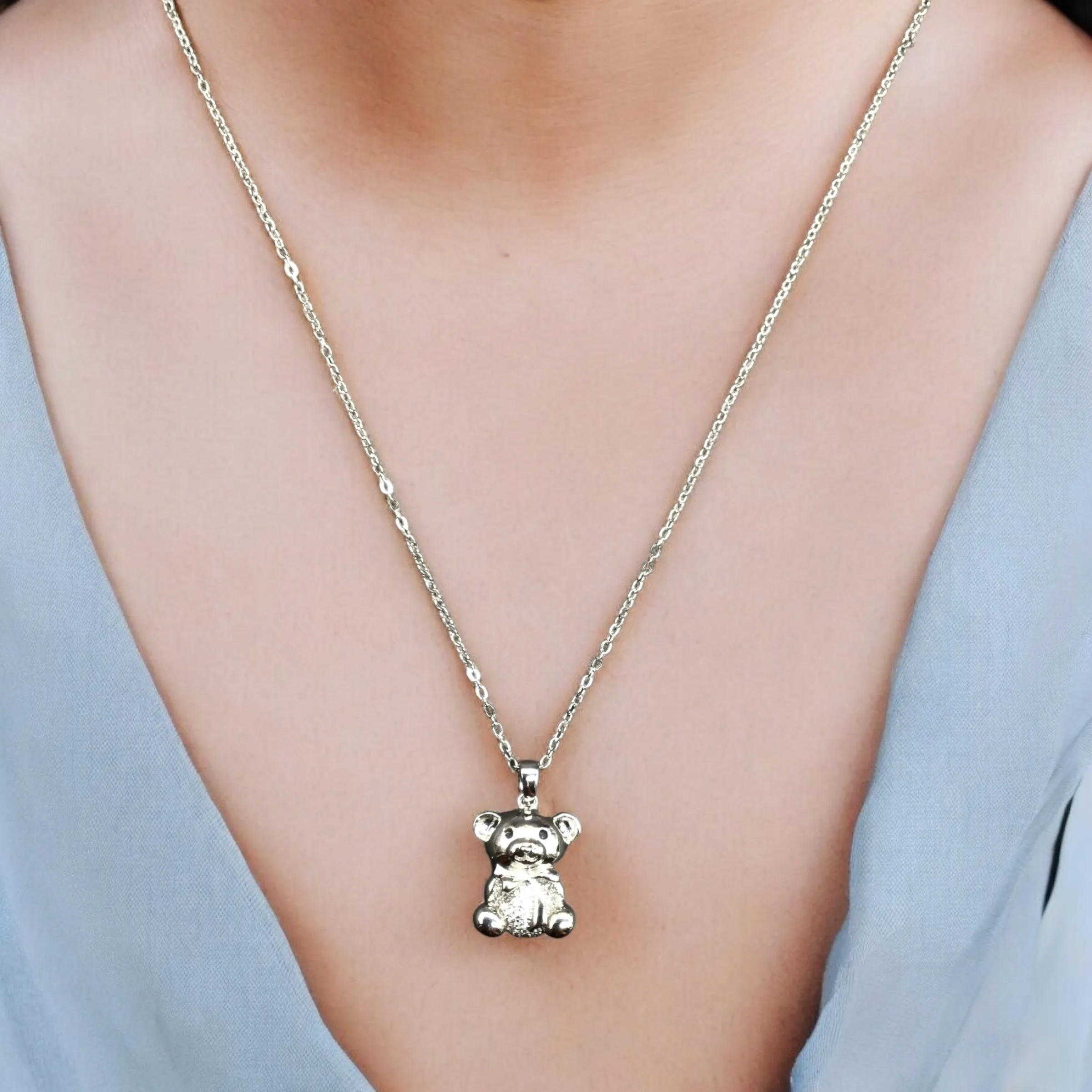 Small Bear Stainless Steel Necklace Pendants With Long Chain