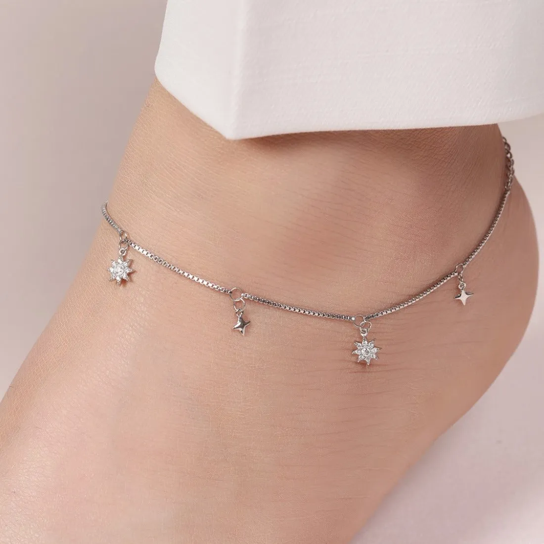 Starry Night Sky 925 Sterling Silver Rhodium-Plated Star Pattern Anklets