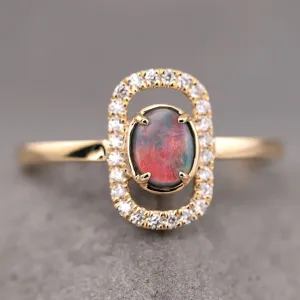 Stylish Black Opal & Halo Diamond Engagement Ring 18K Yellow Gold