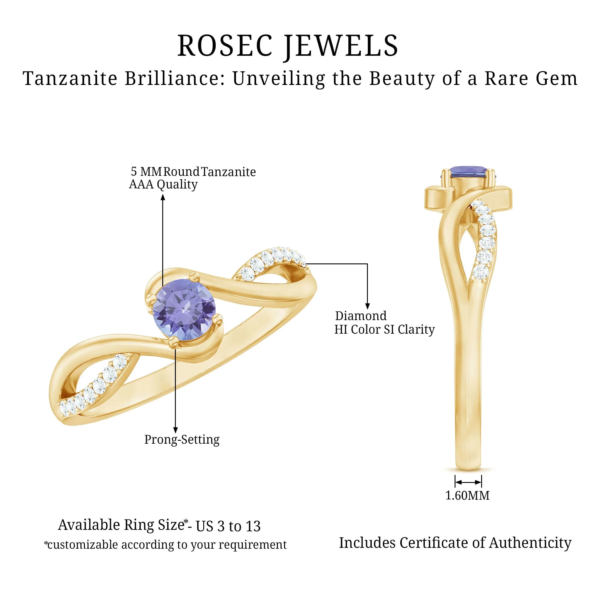 Tanzanite and Diamond Solitaire Bypass Ring