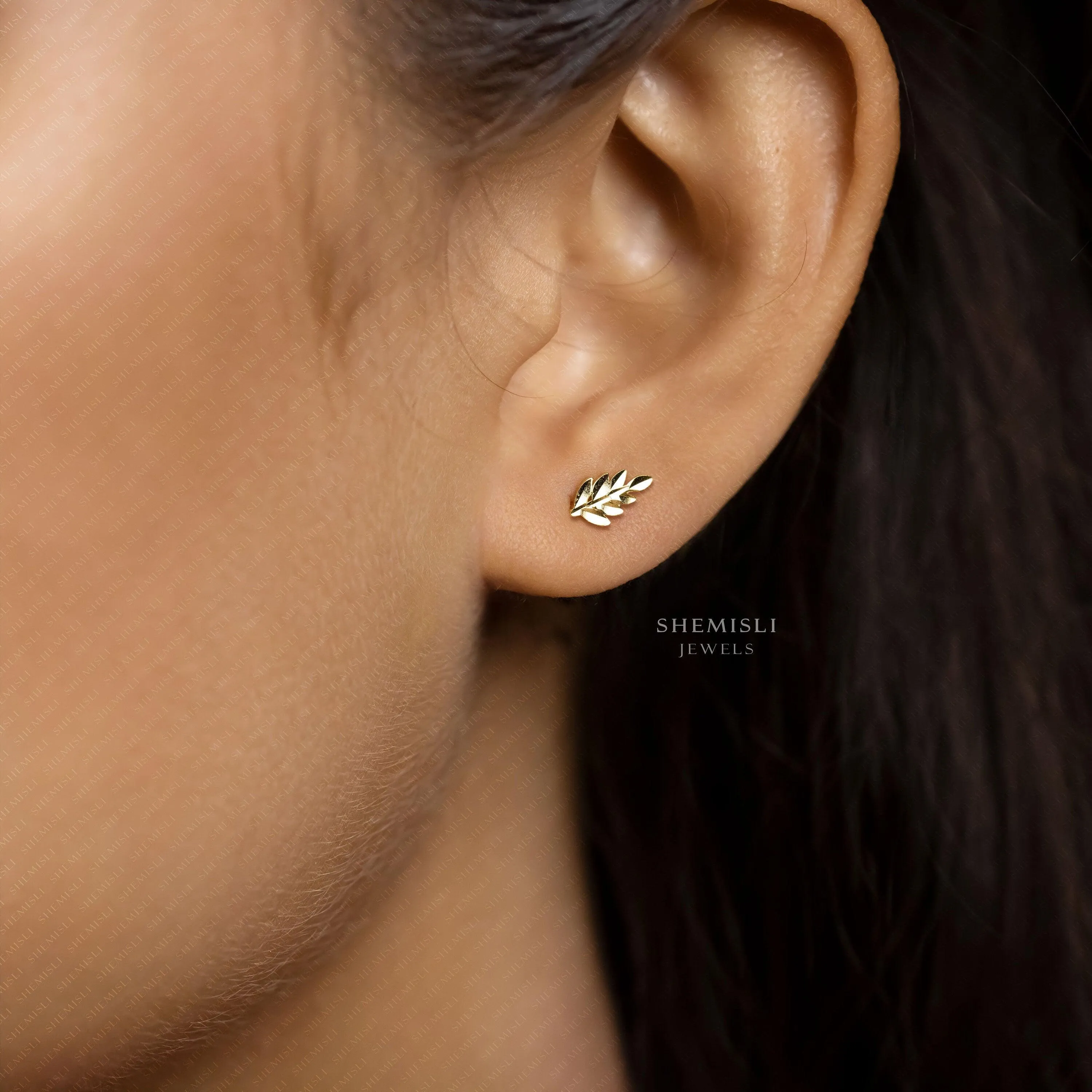 Tiny Fern Leaf Stud Earrings, Gold, Silver SHEMISLI SS373