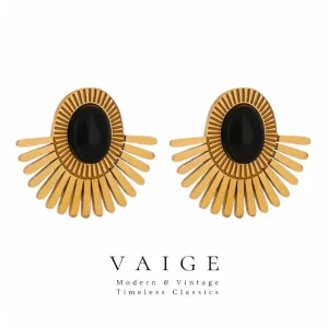 VAIGE Elegant Black and Green Sunflower Gold Earrings in Stainless Steel