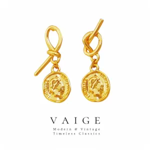 VAIGE Elegant Geometric Gold Coin Drop Earrings in Silver