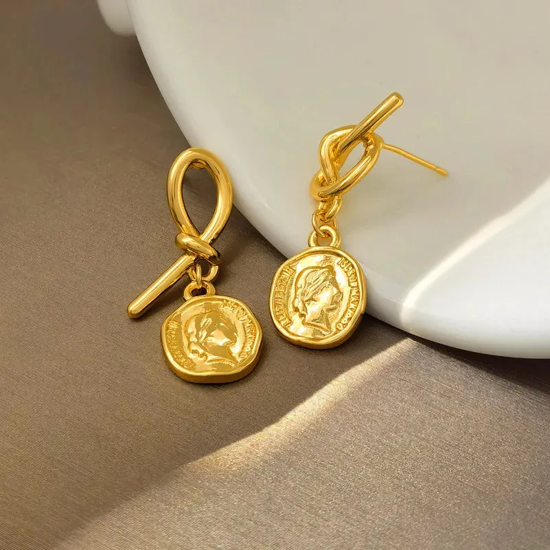 VAIGE Elegant Geometric Gold Coin Drop Earrings in Silver