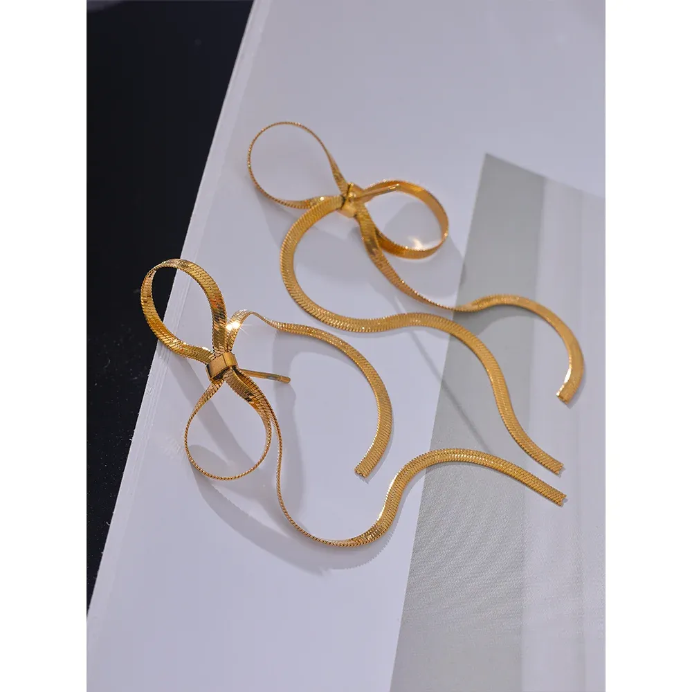 VAIGE Elegant Stainless Steel Bowknot Drop Earrings with Long Tassel, 18K Gold Plated Minimalist Design