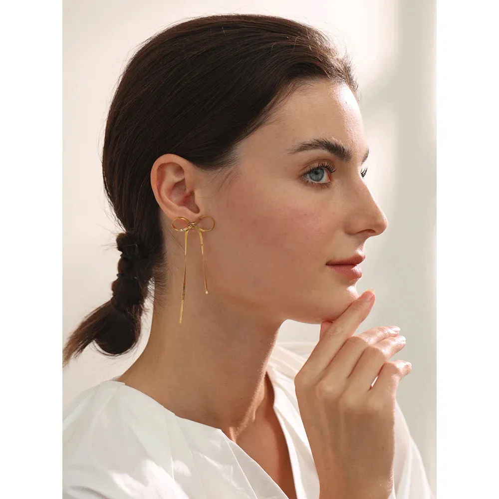 VAIGE Elegant Stainless Steel Bowknot Drop Earrings with Long Tassel, 18K Gold Plated Minimalist Design