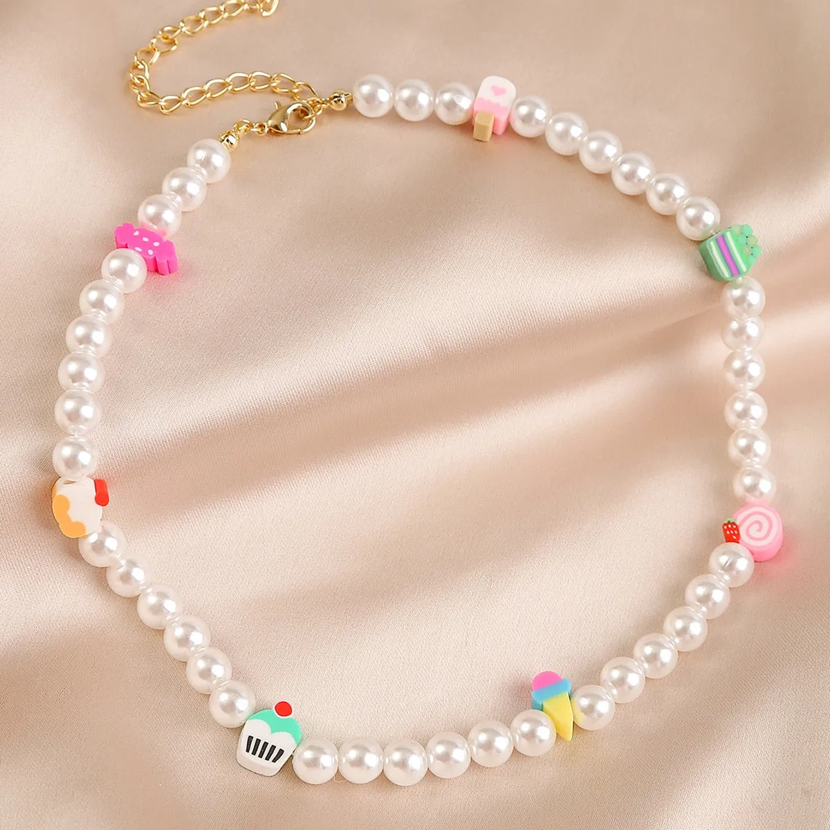 VenusFox Summer Ethnic Imitation Pearl Choker Necklace For Women Girls Sweet Soft Clay Beads Chain Necklace Flower Heart Jewelry