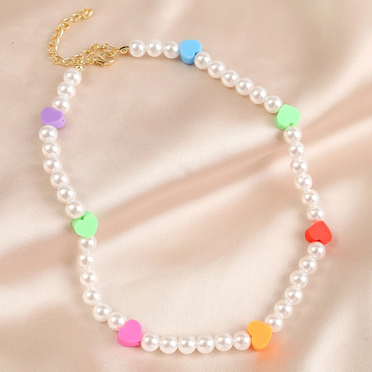 VenusFox Summer Ethnic Imitation Pearl Choker Necklace For Women Girls Sweet Soft Clay Beads Chain Necklace Flower Heart Jewelry