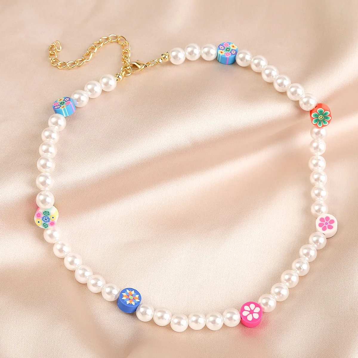 VenusFox Summer Ethnic Imitation Pearl Choker Necklace For Women Girls Sweet Soft Clay Beads Chain Necklace Flower Heart Jewelry