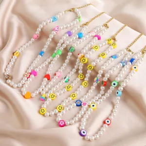 VenusFox Summer Ethnic Imitation Pearl Choker Necklace For Women Girls Sweet Soft Clay Beads Chain Necklace Flower Heart Jewelry