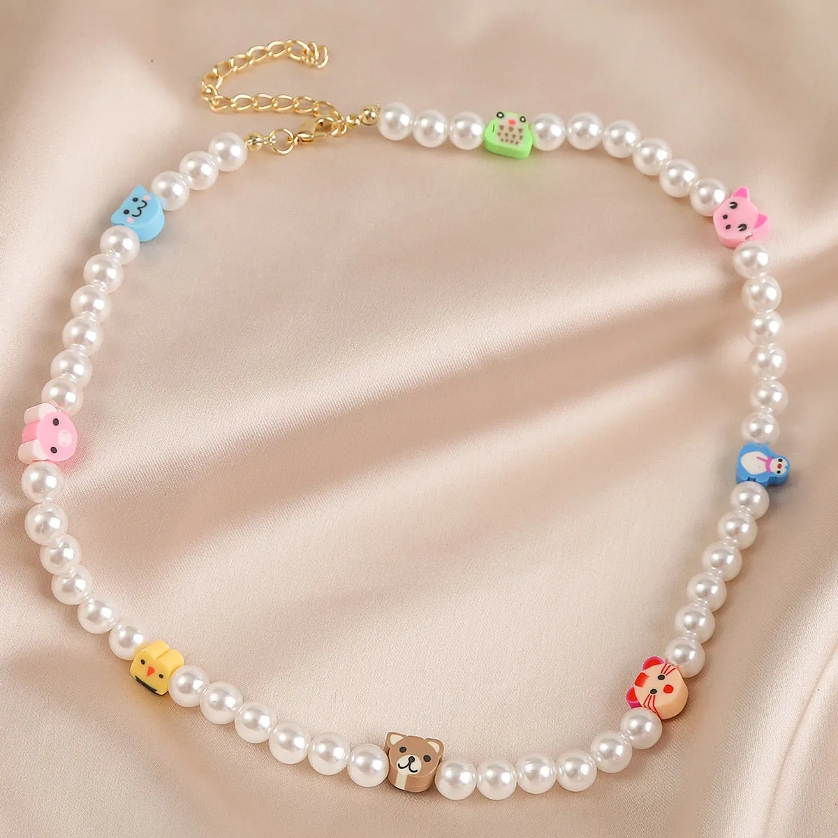 VenusFox Summer Ethnic Imitation Pearl Choker Necklace For Women Girls Sweet Soft Clay Beads Chain Necklace Flower Heart Jewelry