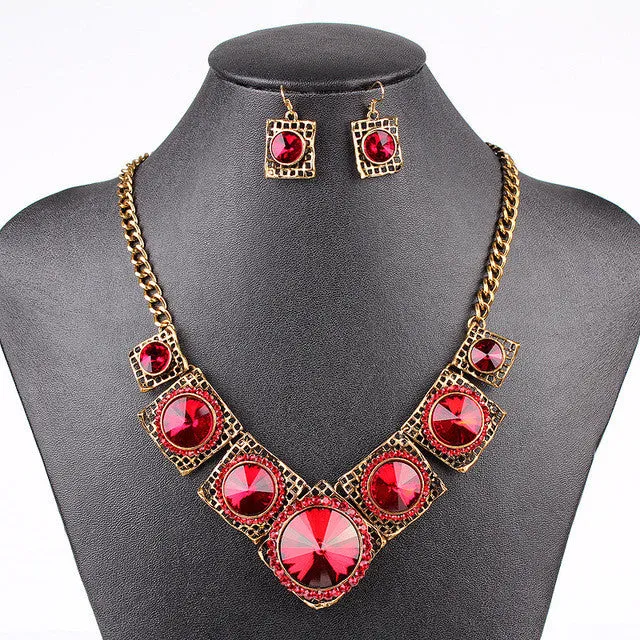 Vintage Jewelry Sets Red&Navy Blue Crystal Fashion Jewelry Set Antique Gold&Silver Plated