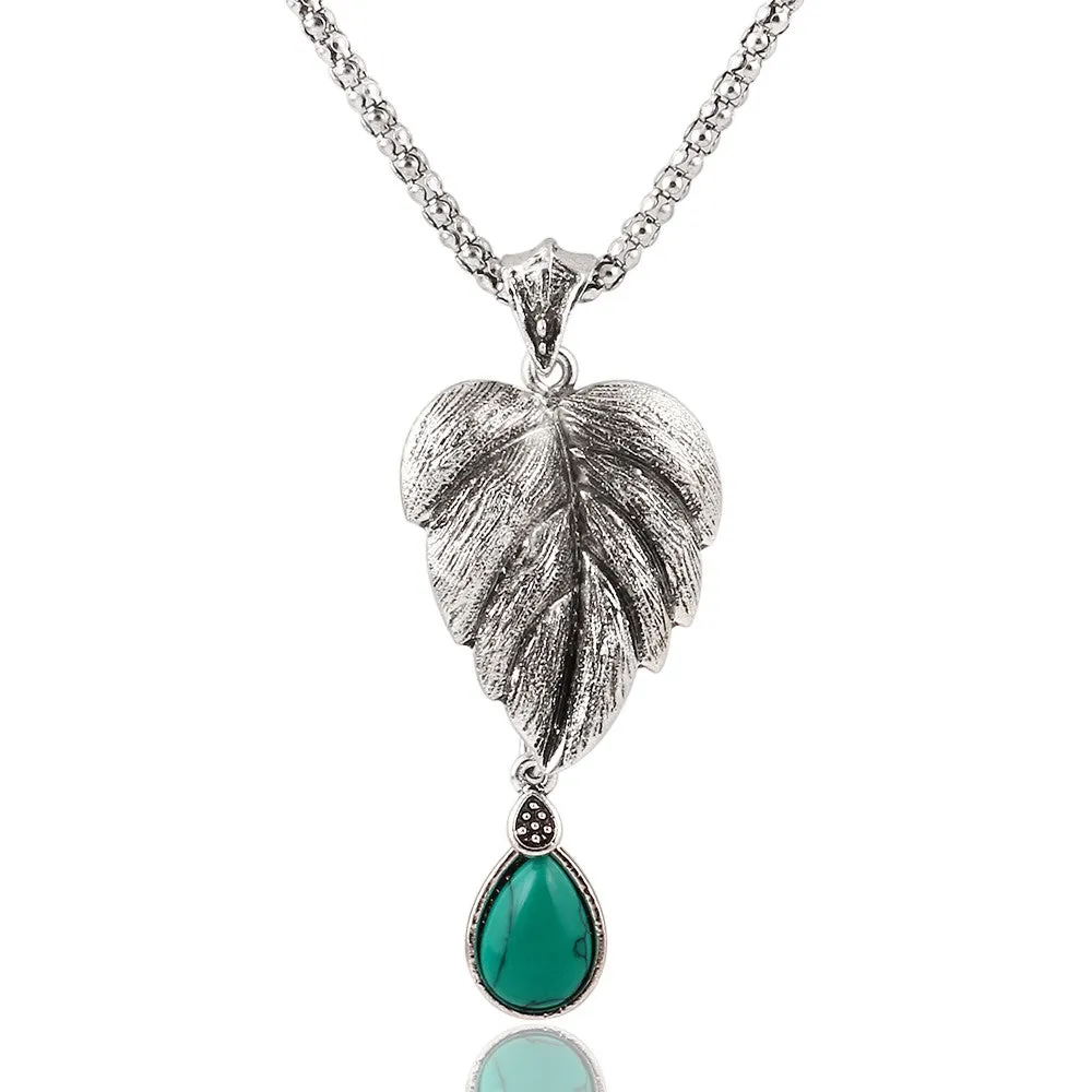 Vintage Silver Tone Leaf Jewelry Sets Heart Turquoise Earrings Necklace Bracelet Fashion Teardrop Shape For Women Accessories