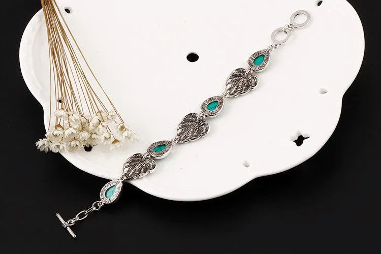 Vintage Silver Tone Leaf Jewelry Sets Heart Turquoise Earrings Necklace Bracelet Fashion Teardrop Shape For Women Accessories