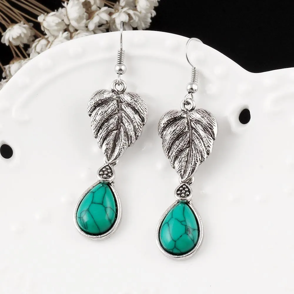 Vintage Silver Tone Leaf Jewelry Sets Heart Turquoise Earrings Necklace Bracelet Fashion Teardrop Shape For Women Accessories