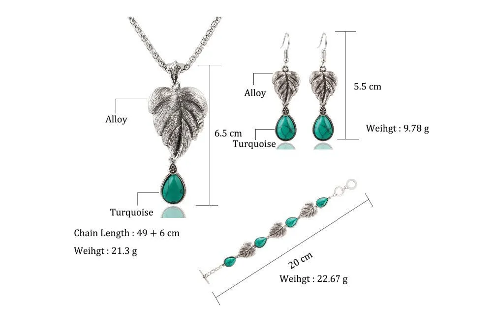 Vintage Silver Tone Leaf Jewelry Sets Heart Turquoise Earrings Necklace Bracelet Fashion Teardrop Shape For Women Accessories